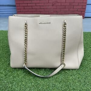 Michael Kors Ellis LG Saffiano Leather Shoulder‎ Tote Satchel Oyster Preppy Glam